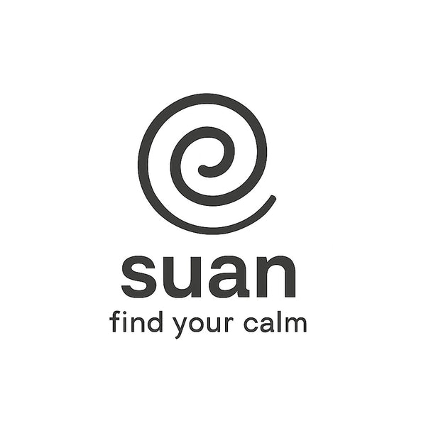 Logo of 'suan' with a black spiral design on a white background